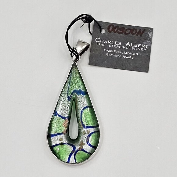 Charles Albert Dichroic Green Art Glass Fine Sterling Silver Necklace Pendant - Picture 2 of 10